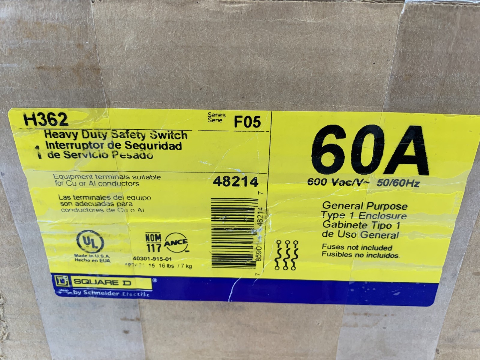 Square D H362 60A 600VAC 3P Heavy Duty Fusible Safety Switch Indoor NEMA 1