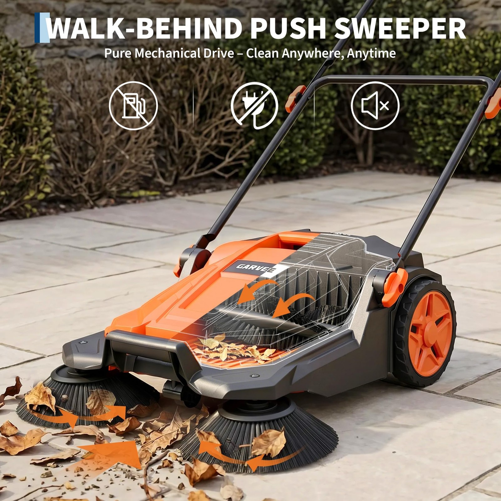 Walk-behind Hand Push Floor Sweeper w/25.6″ Width & 5-Gallon Waste Container