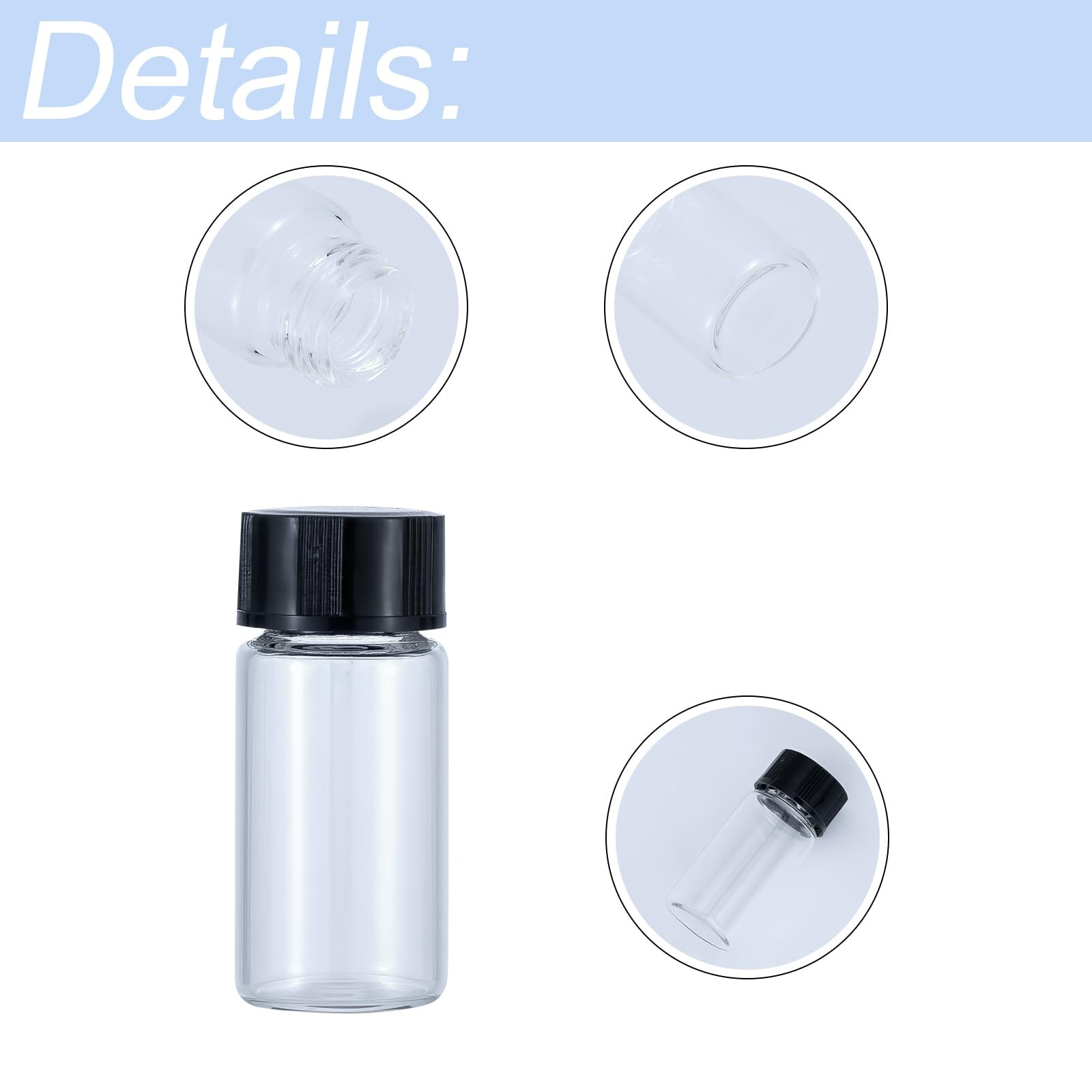 Minifrascos de vidrio transparente 5 ml (1/6 oz) con tapones rosca de plástico.