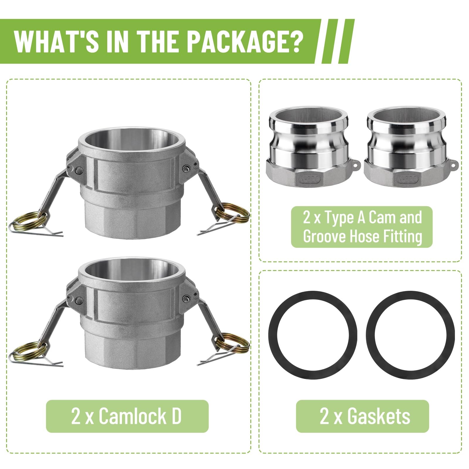 3″ Aluminum Camlock Fittings Kit 2 Pcs Type D + 2 Pcs Type A Hose Fittings