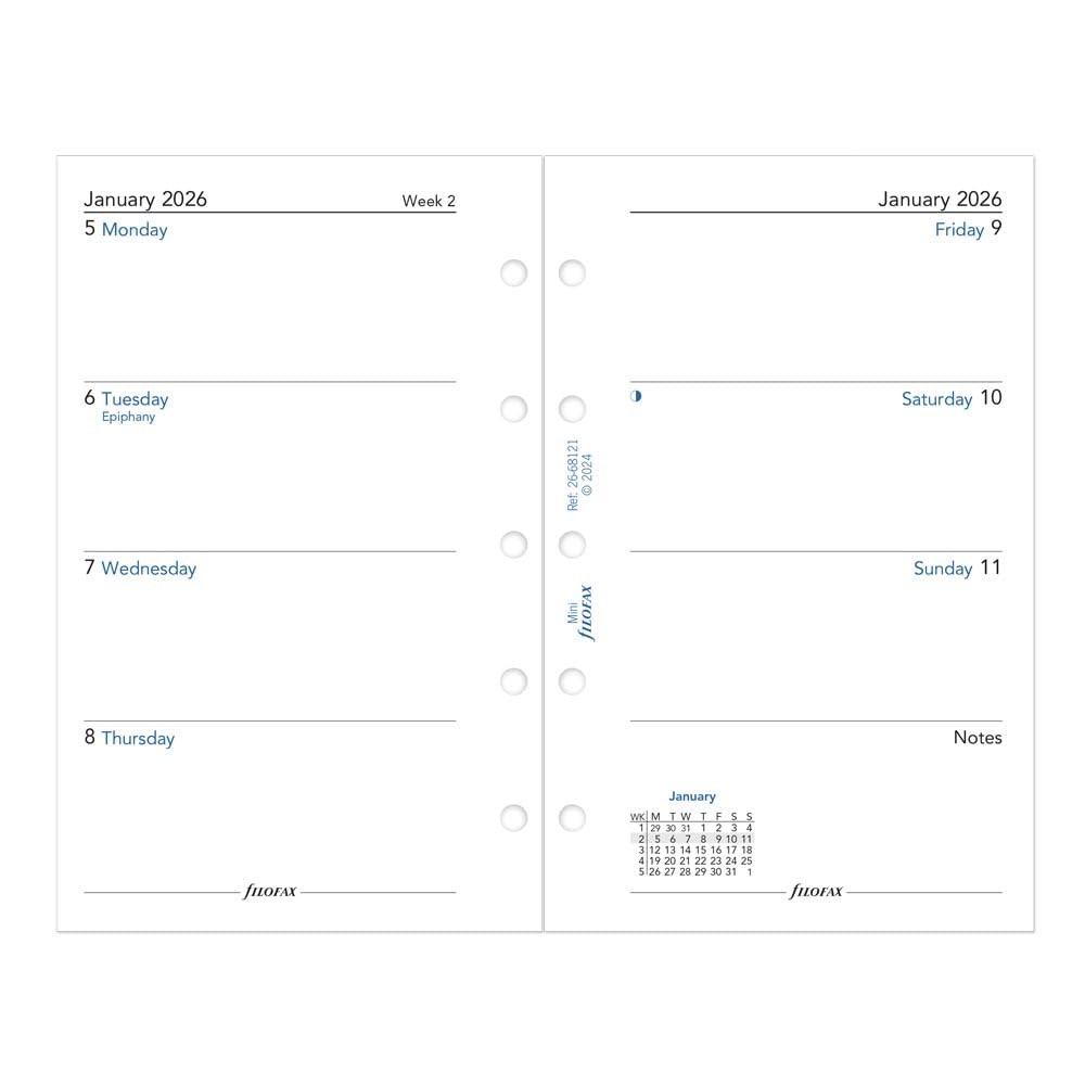 Calendar Diary Refill, Mini Size, Week-to-View with Notes Section, White , Un…