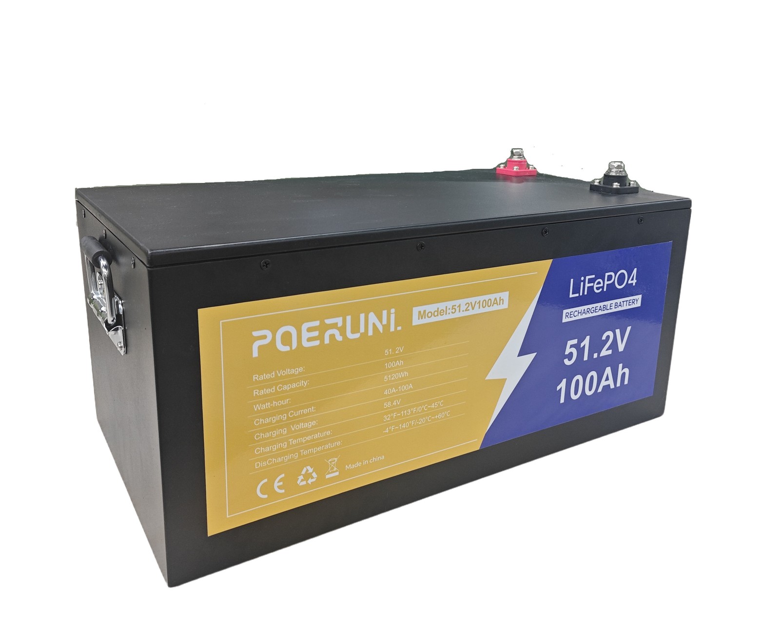 POERUNI 48V 100AH LiFePO4 Lithium Battery with 20A Charger Metal Case Golf Cart