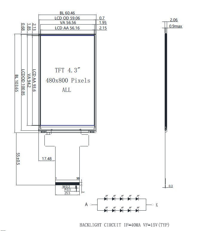 Any-angle Viewing SPI 4.3 IPS TFT LCD Display Panel 480×800,ST7701