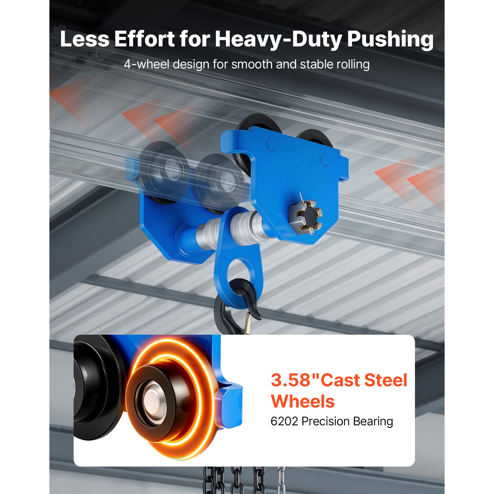 Uimoso Manual Push Beam Trolley, 2-Ton Capacity, Adjustable 2.4″-7″ Width