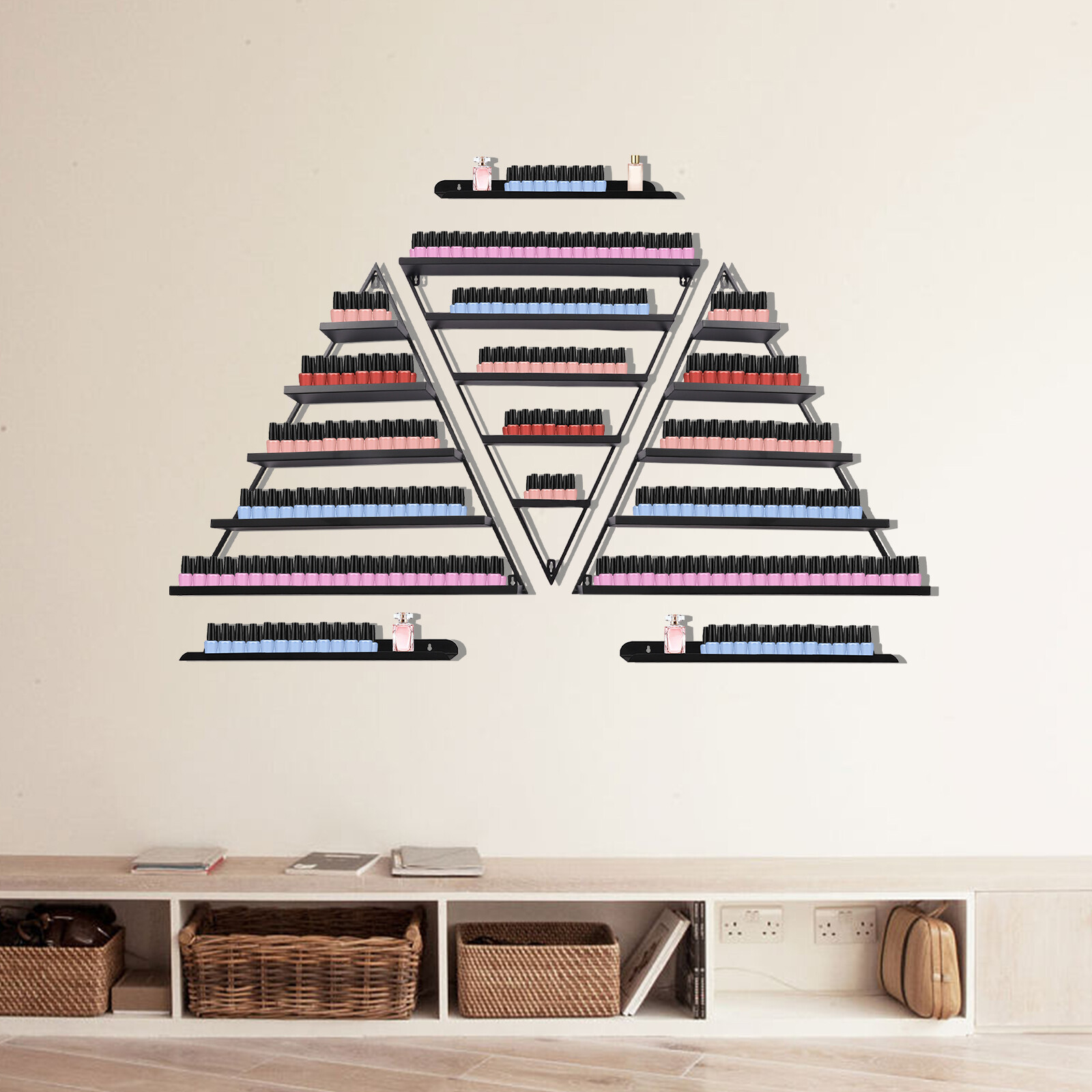 5 Tiers Metal Triangle Nail Polish Display Racks Black Wall-Mounting Shelf Kit