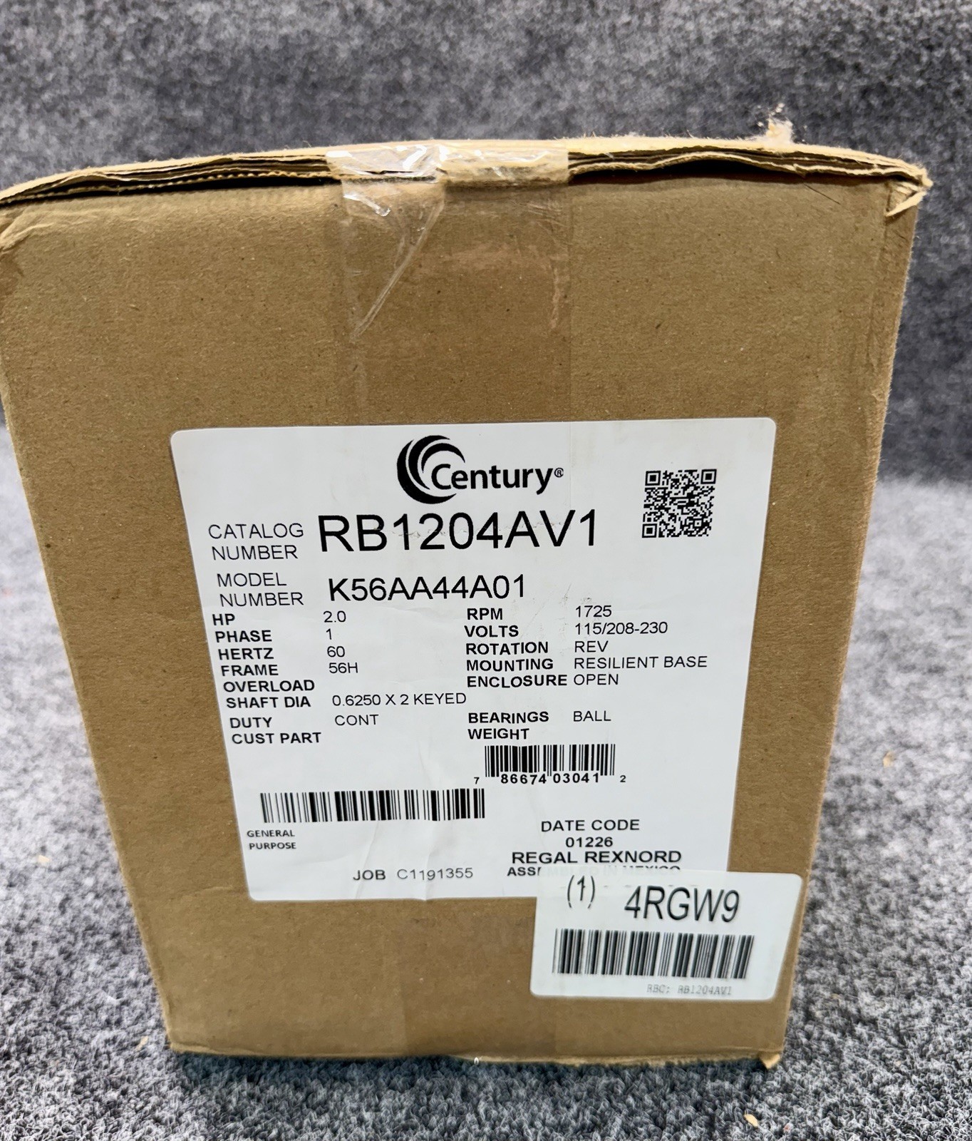 Century RB1204AV1 Belt Drive Blower Motor 2 HP, 115/208-230V, 1,725 RPM, 56H