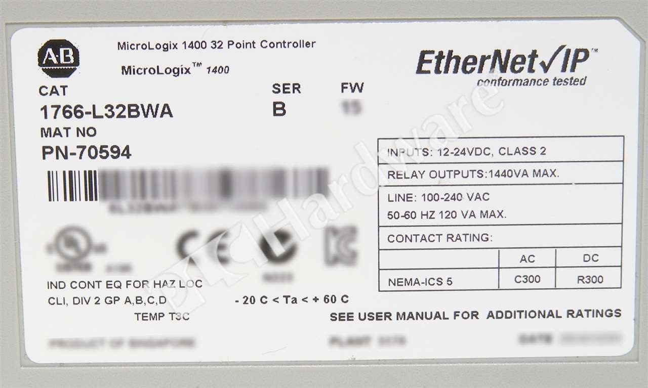 Allen Bradley 1766-L32BWA /B MicroLogix 1400 32-Pt AC Power DC Inputs Controller
