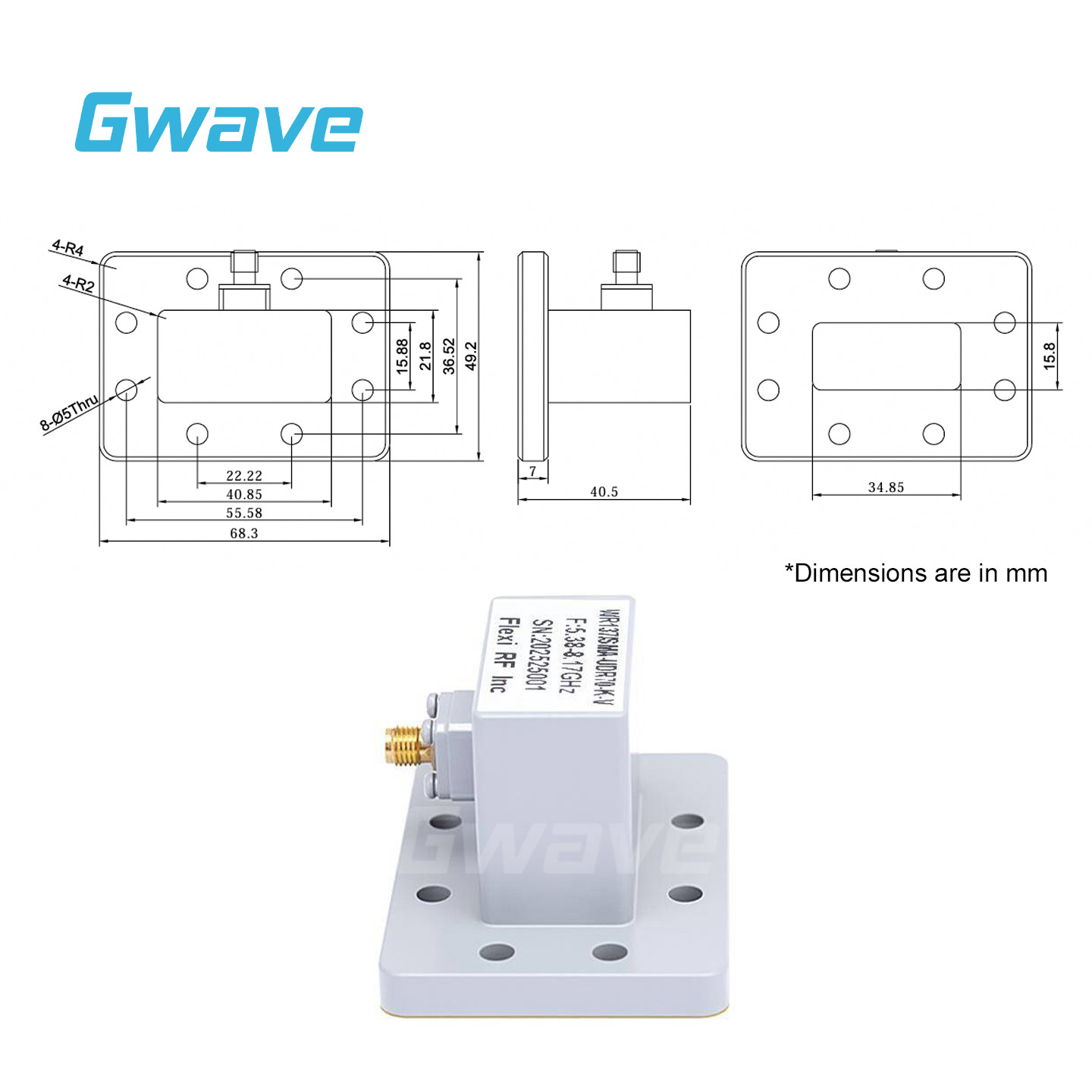 WR-137 to SMA Female Waveguide to Coax Adapters with UDR70 Flange, 5.38 – 8.17G