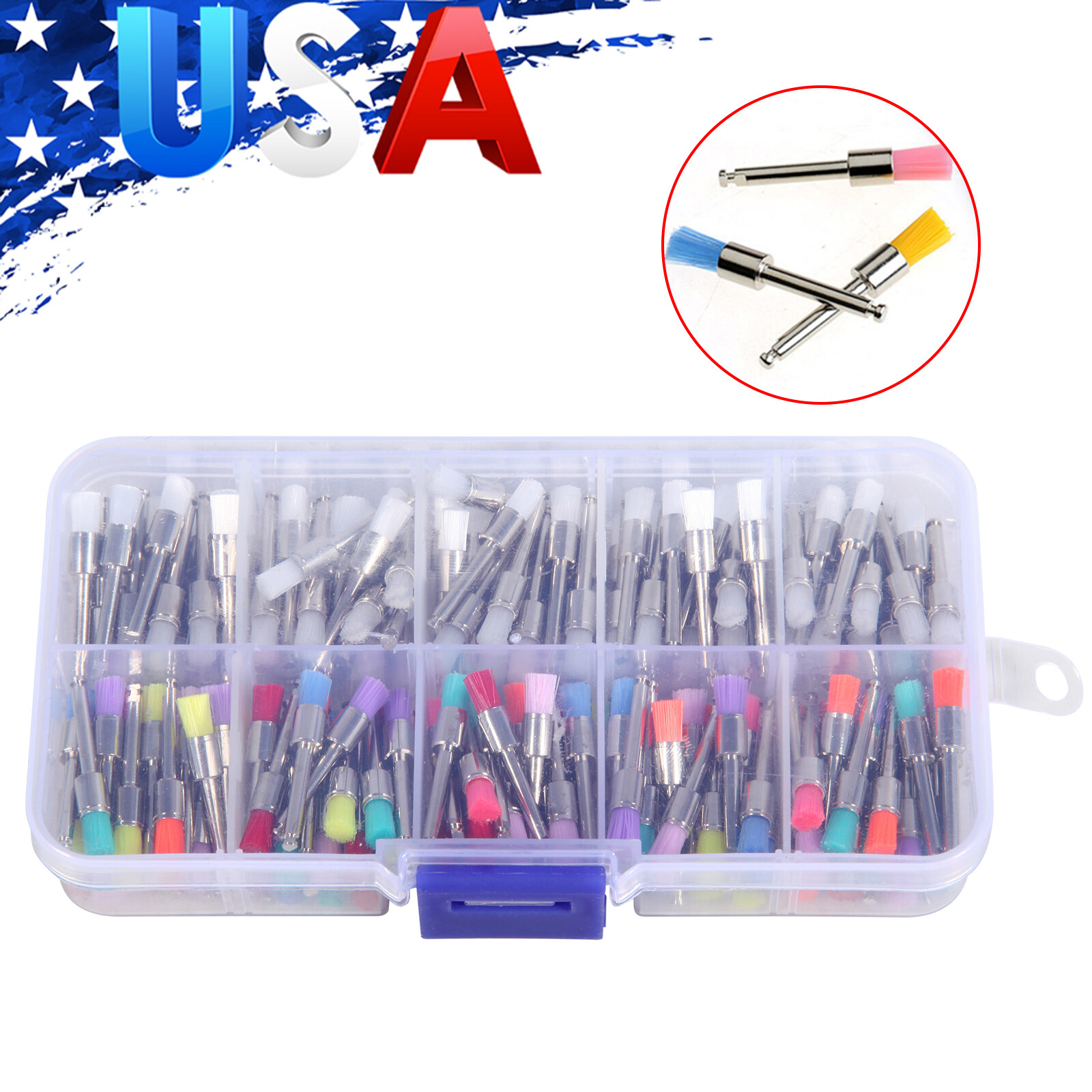 200 Pcs Dental White&Colorful Nylon Latch Flat Polishing Polisher Prophy Brushes