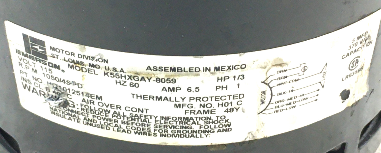 EMERSON K55HXGAY-8059 Blower Motor HQ1012514EM 1/3HP 115V 1050/4SPD used #MP288