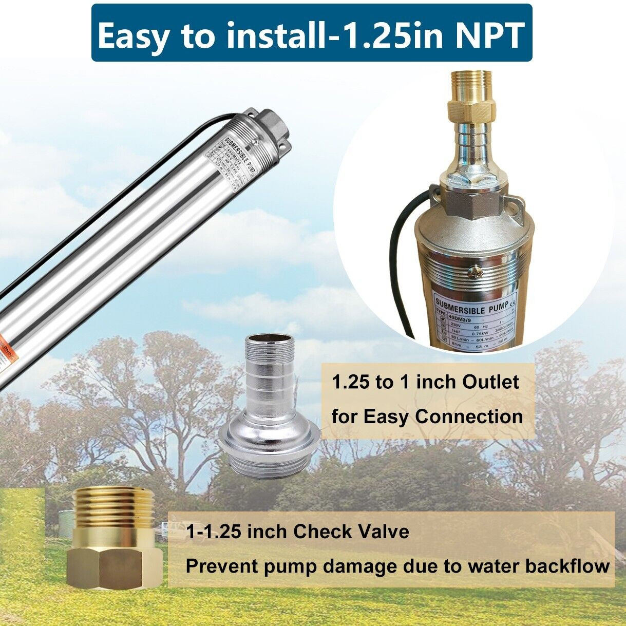 1HP Deep Well Submersible Pump, 4″ , 207 ft Max long life 220V 33GPM Sub 60Hz