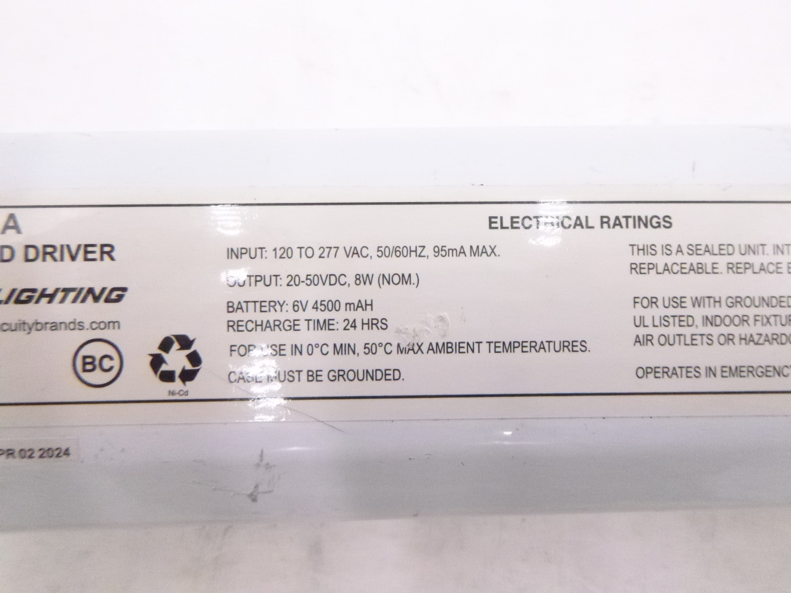 Lithonia Lighting LEM08A Emergency LED Driver 6V 4500 mAH 50/60HZ 120-277 VAC
