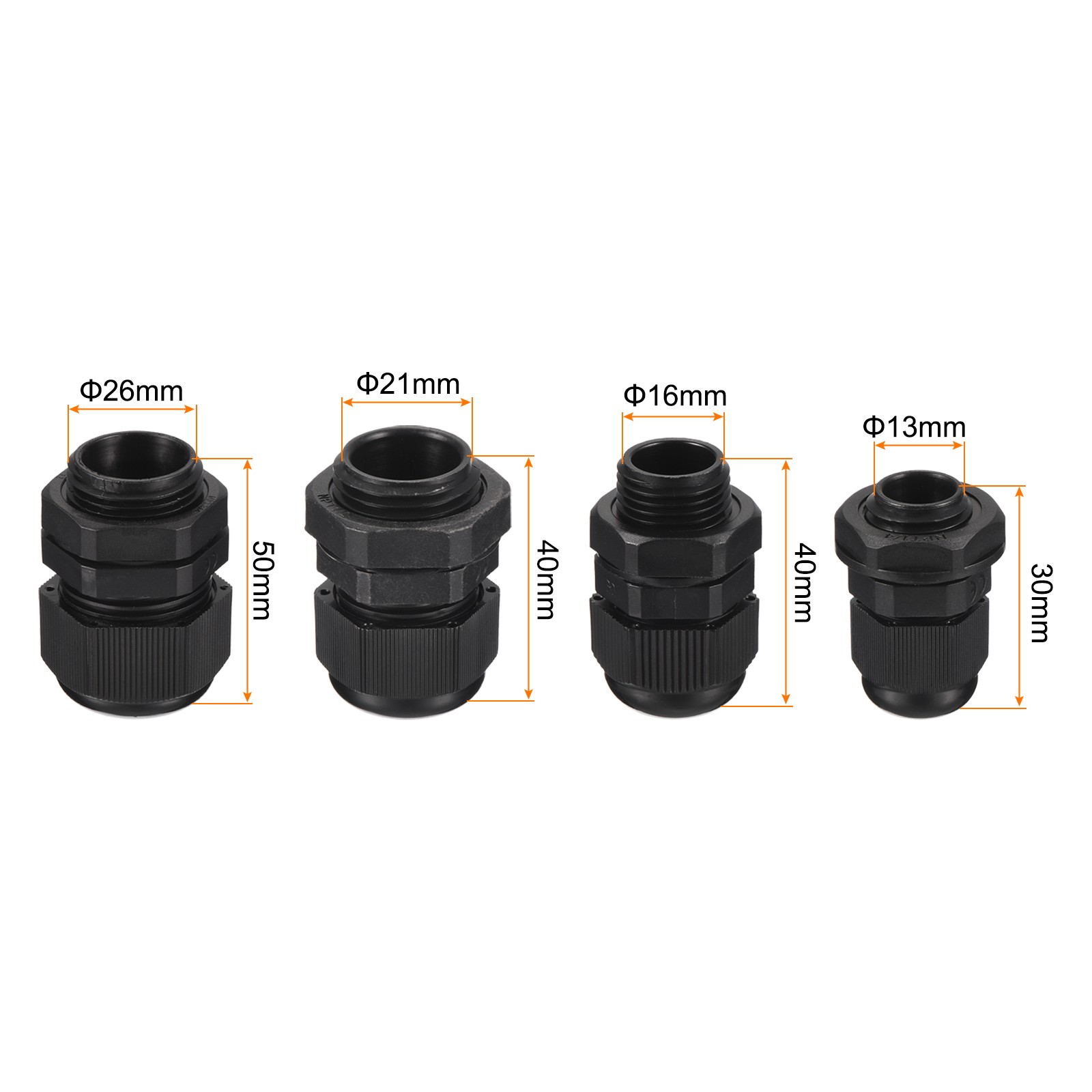 33 Pcs Cable Gland Kit 1/4″ 3/8″ 1/2″ 3/4″ Cable Connectors Nylon Black