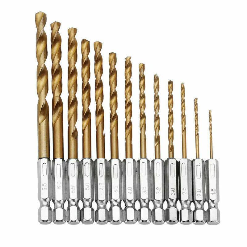 13pcs 1/4» Hex Shank Titanium Coated HSS Steel DRILL BIT Set Metal Wood Plastic