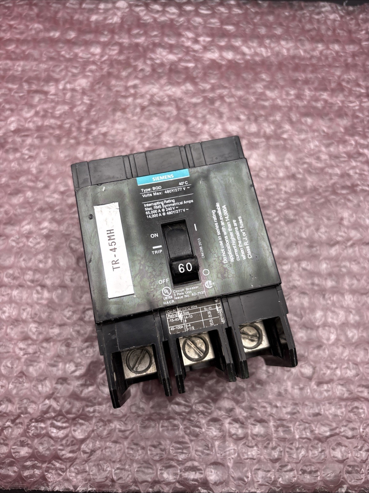 Siemens BQD360 Bolt-On Breaker 60A 3 Pole 480Y/277V *GREAT CONDITION*