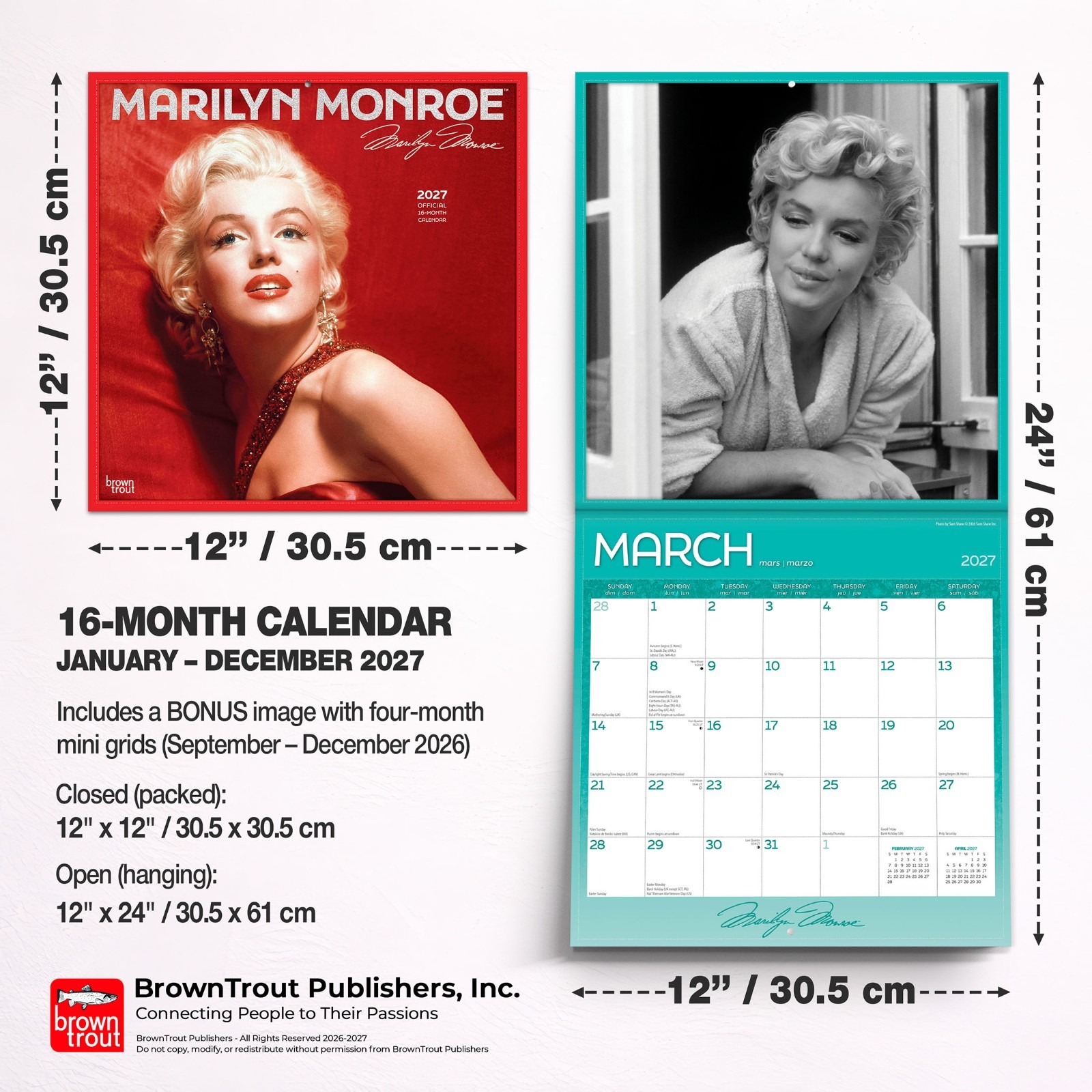 Marilyn Monroe OFFICIAL 2027 12×24″ (Hanging) Wall Calendar | Foil Stamped Cover