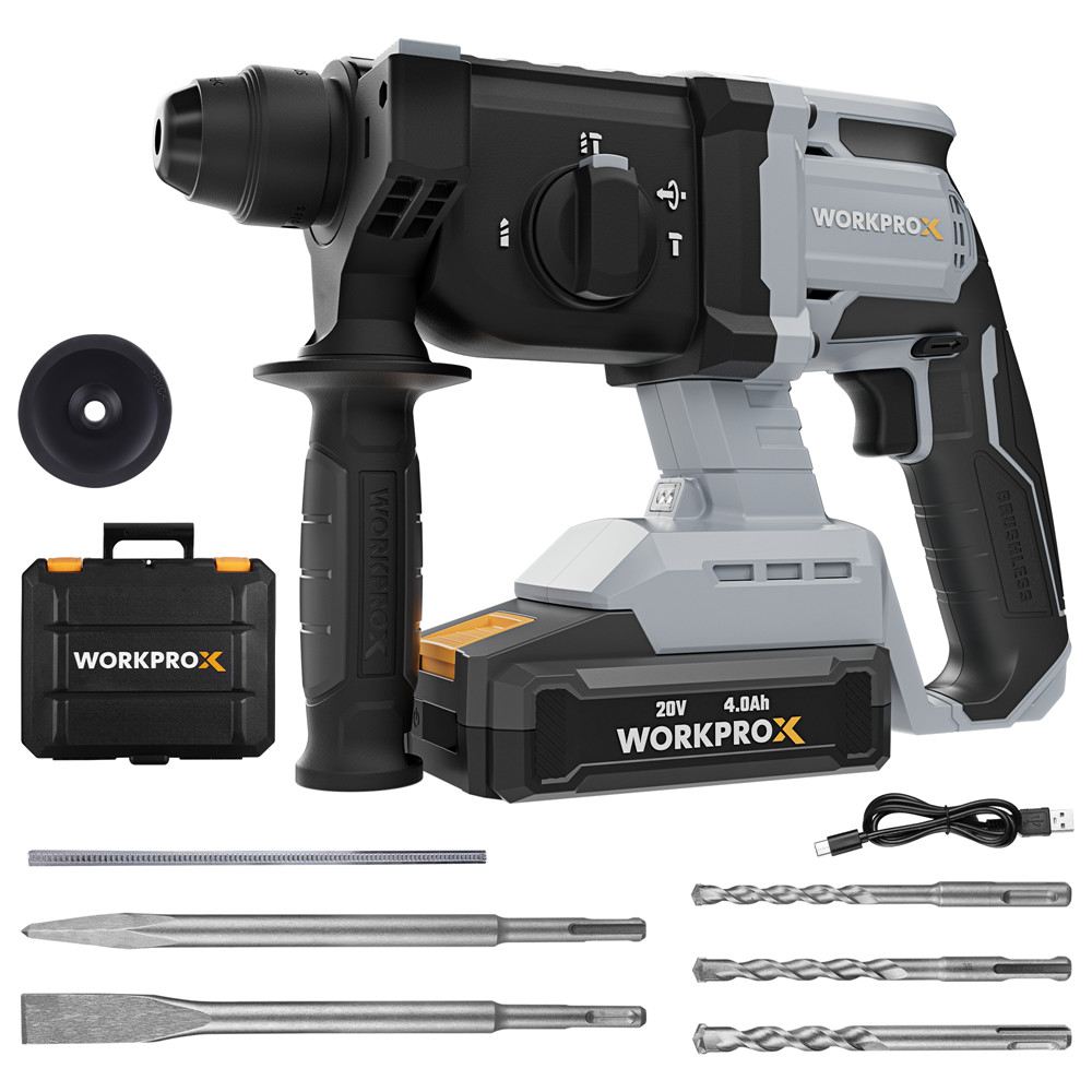 WORKPROX 20V 520W Cordless Brushless Rotary Hammer Drill Kits 7/8″ SDS-Plus 2.0J