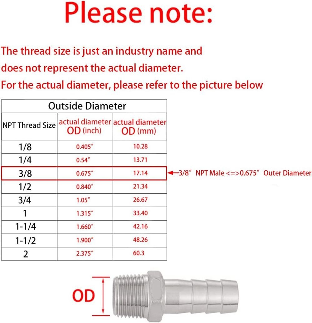2x Stainless Steel 3/8″ Hose Barb to 3/8″ Male NPT Home Fitting Water Fuel N924