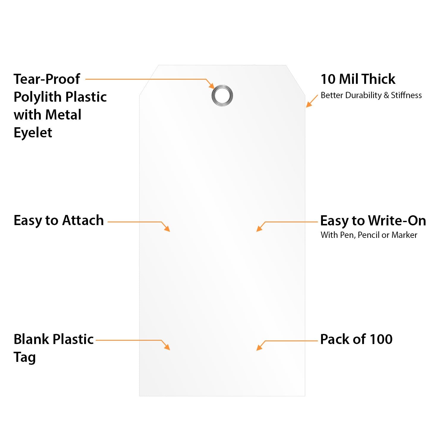 100 Pack White Plastic Tags Pre Punched Hole Size 5, 10 Mil Tearproof Writable