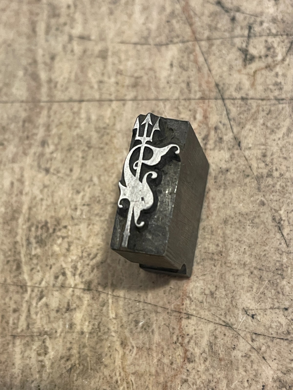 Printing Letterpress Block Antique BB&S Foundry Cast Sea Monster & Trident (3478