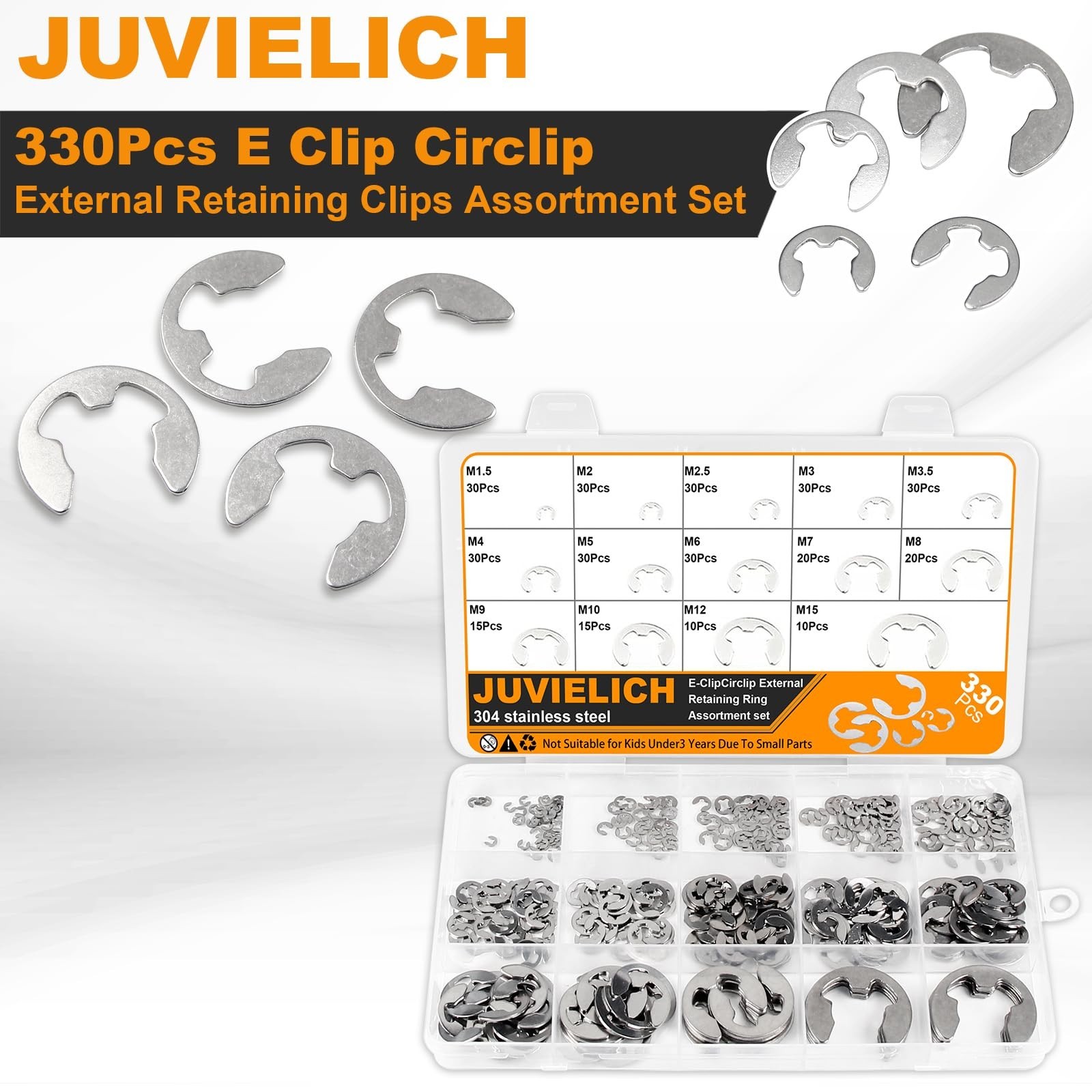 E Clip Circlip Assortment Kit 330PCS 14 Size 304 Stainless Steel External Ret…