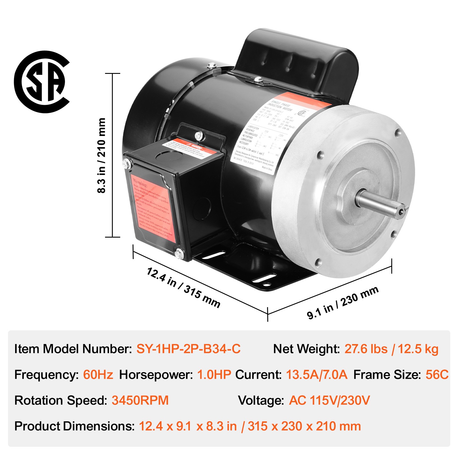 1HP Electric Motor 3450RPM AC115V/230V 56C Frame 1-Phase 5/8″ Keyed Shaft