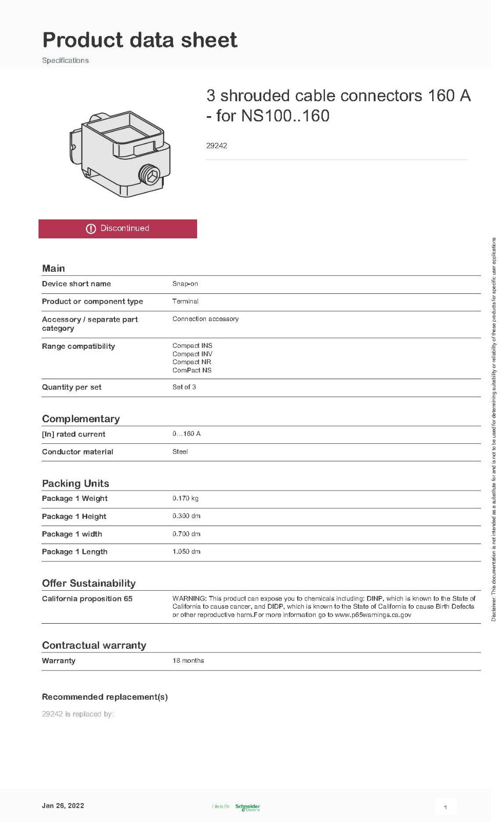 (50 Pkg of 3) Schneider 29242, Compact NR, Shrouded Cable Connect 160A