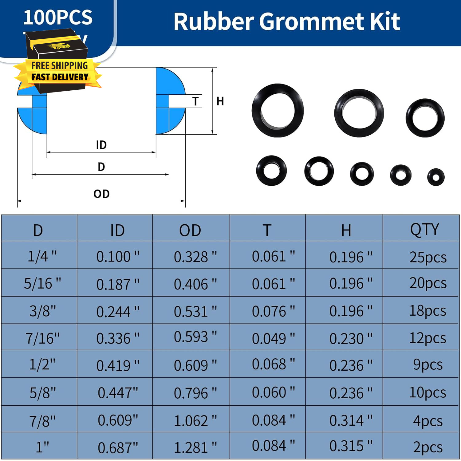 100PCS Rubber Grommet Kit, 8 Sizes Hollow Firewall Hole Plug Assortment, Rubber