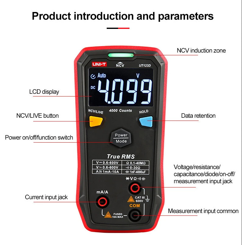 UT123D Digital Multimeter, Smart, True Rms, CAT III 600V, 4000 counts
