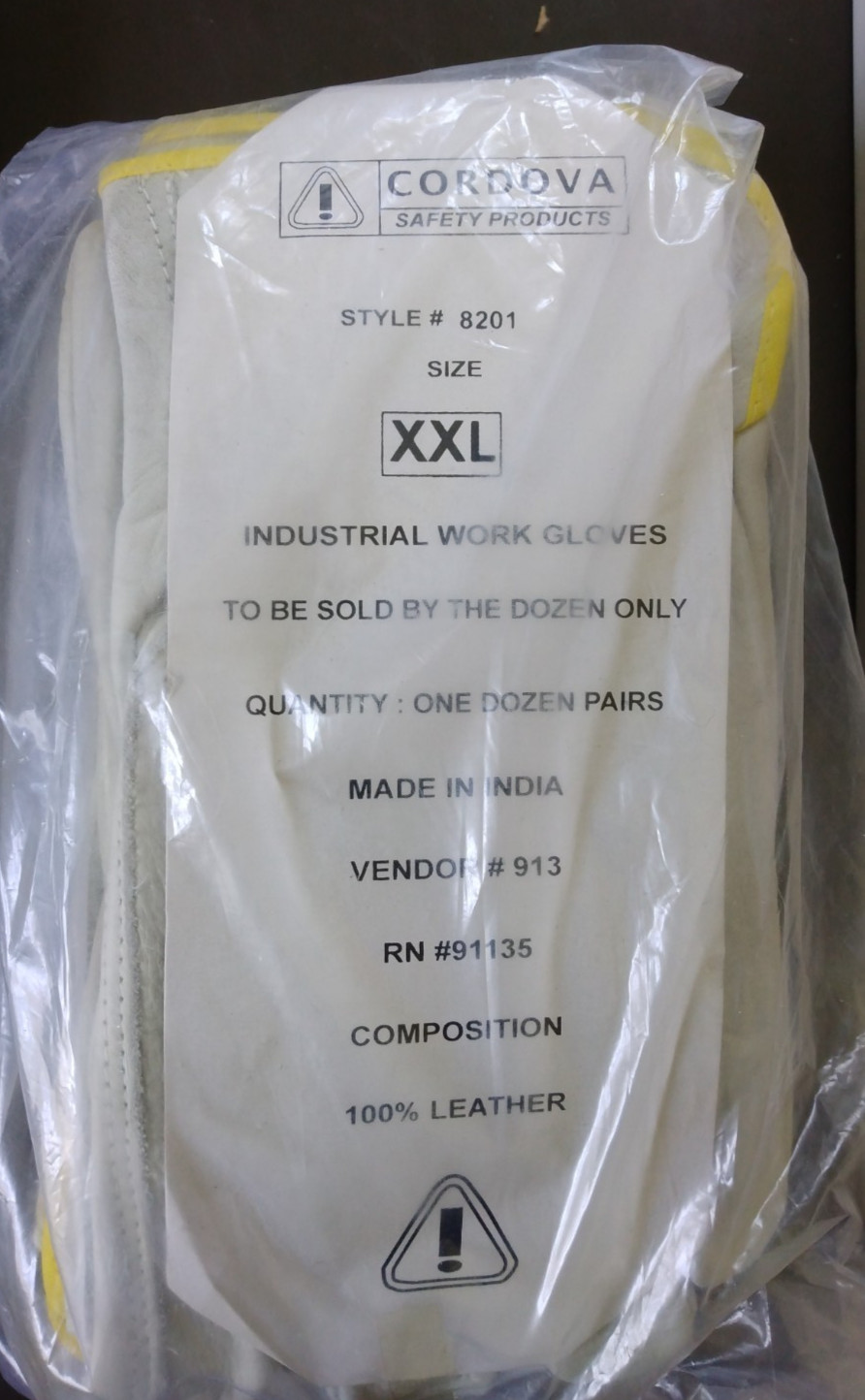 Cordova Safety Industrial Work Gloves White Cowhide Leather XXL 12 Pairs #8201