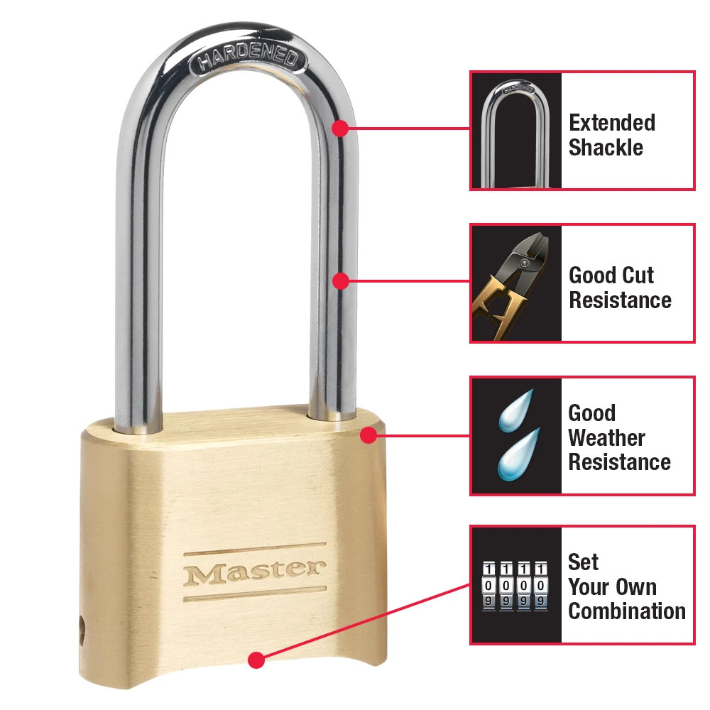 MasterLock Resettable Combination Brass Padlock 2-1/4in LONG Shackle