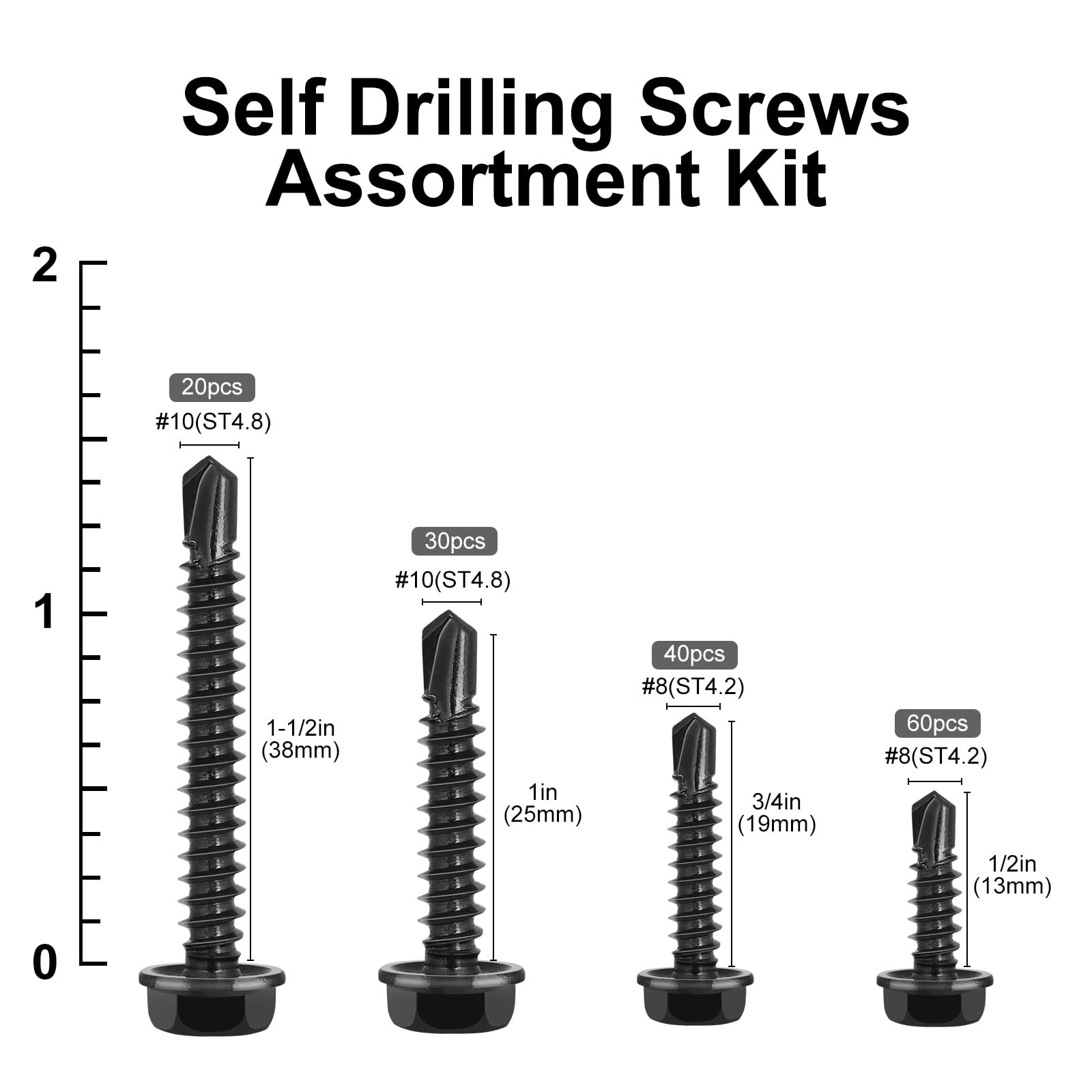 VGBUY 150Pcs Self Drilling Screws Assortment Kit, 410 Stainless #8 #10, Black