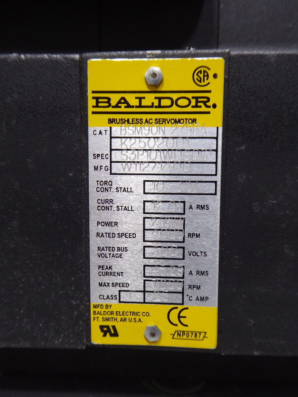 USED Baldor BSM90N-275BA Brushless Servo Motor 2.59 kW 400RPM 300V QFr