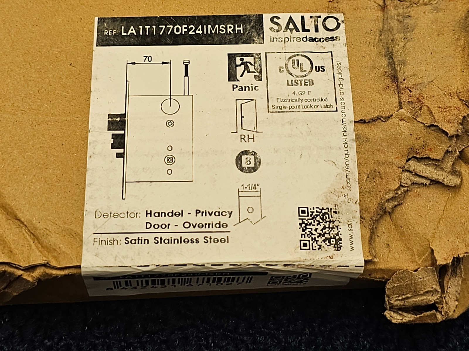 Salto LA1T1770F24IMSRH Handle-Privacy Door Override Satin Finish Stainless Steel