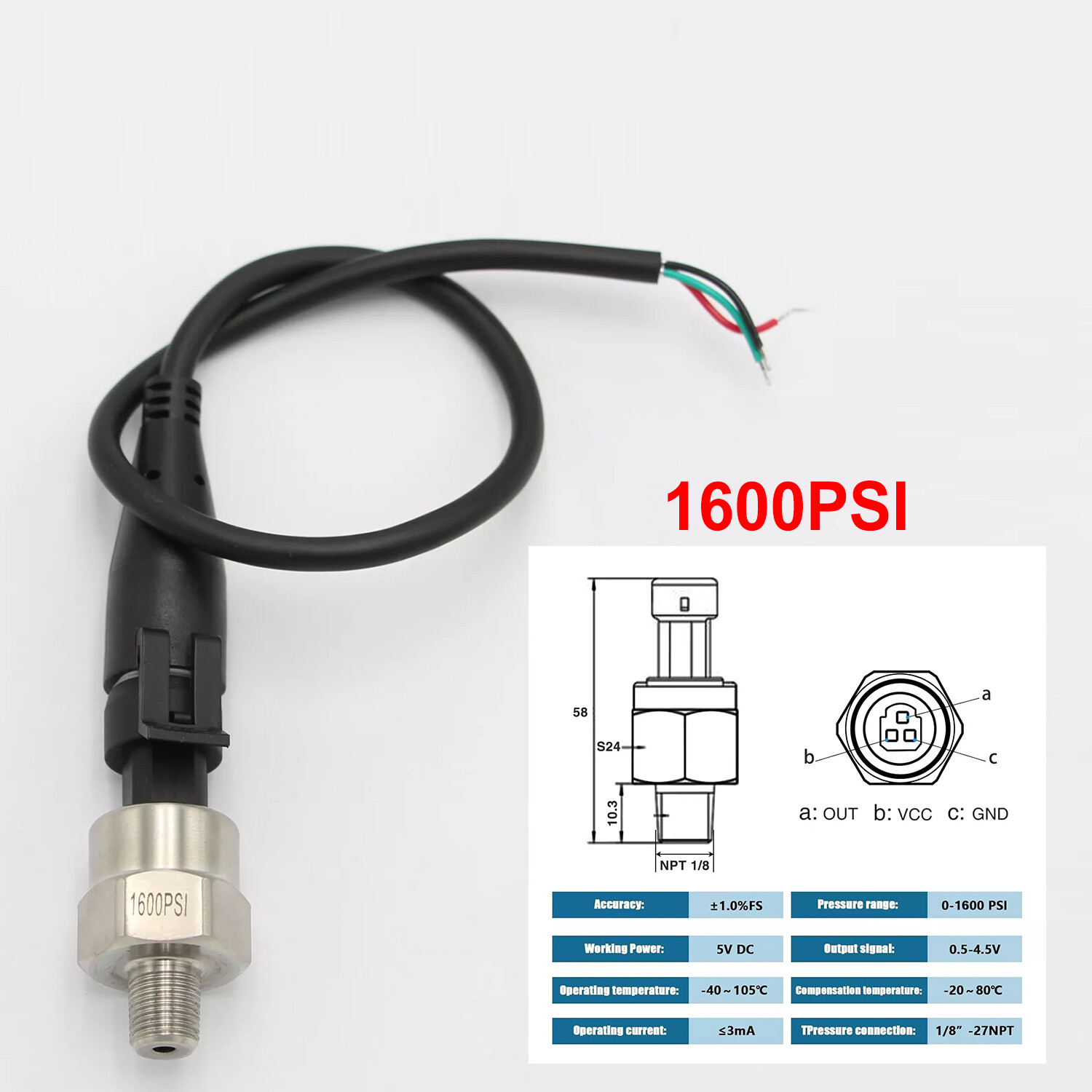 5V Pressure Transducer or Sender 30psi-1600Psi for Fuel Diesel Oil Air Water