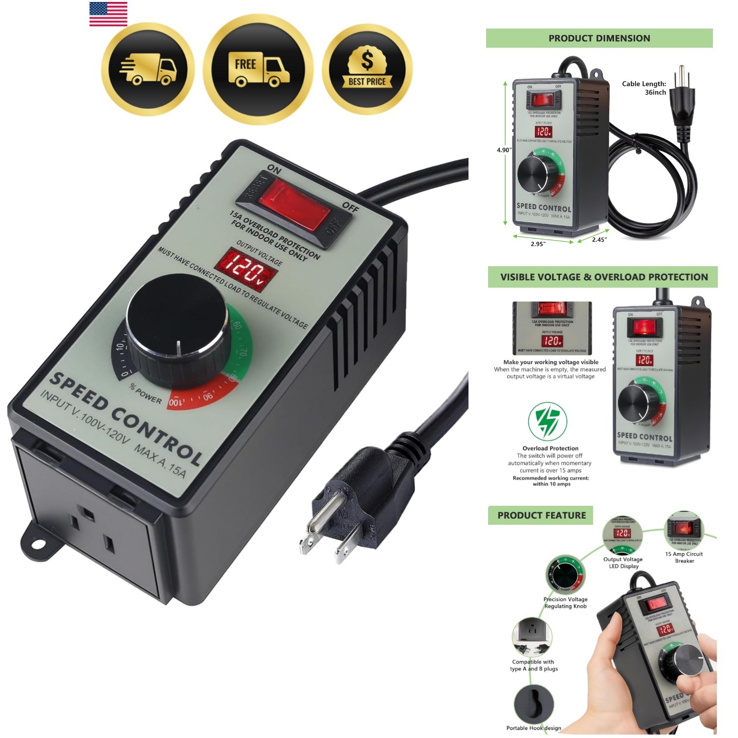 AC Motor Speed Controller 120V 15A Max – Variable-Speed Controller & Fan Spee…