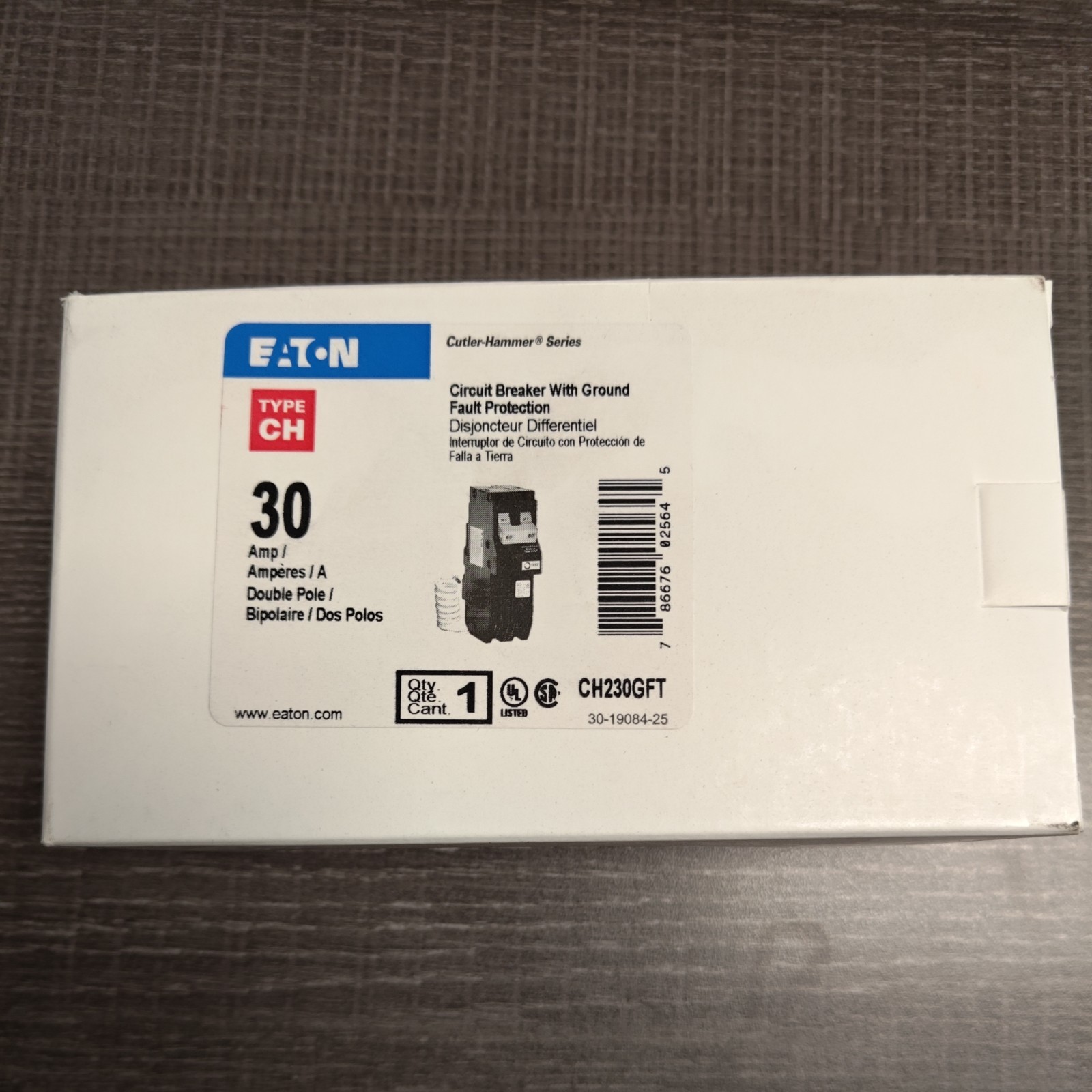 New Eaton CH230GFT GROUND FAULT Breaker, 30A, 2P, 120/240V, 10 kAIC, Type CH