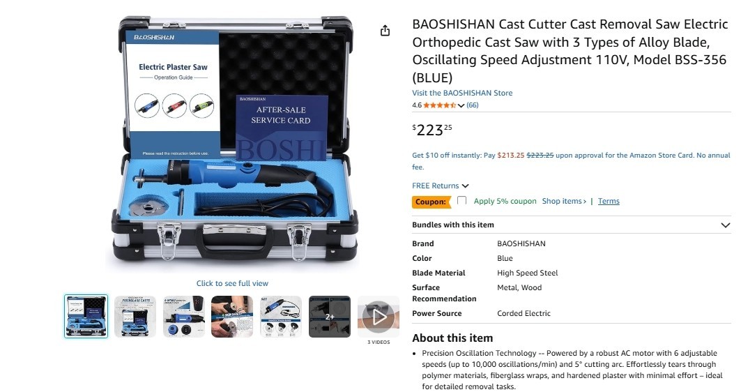 BAOSHISHAN BSS-356 Electric Orthopedic Cast Removal Saw w/ Blades & Case- USED