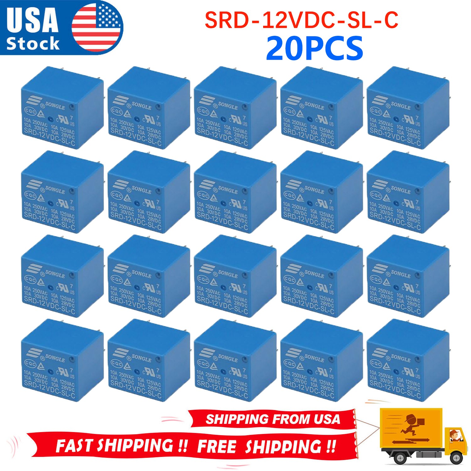 20PCS Power Relay SRD-12VDC-SL-C 10A Coil DC12V SPDT NO + NC PCB 5 Pin Sealed