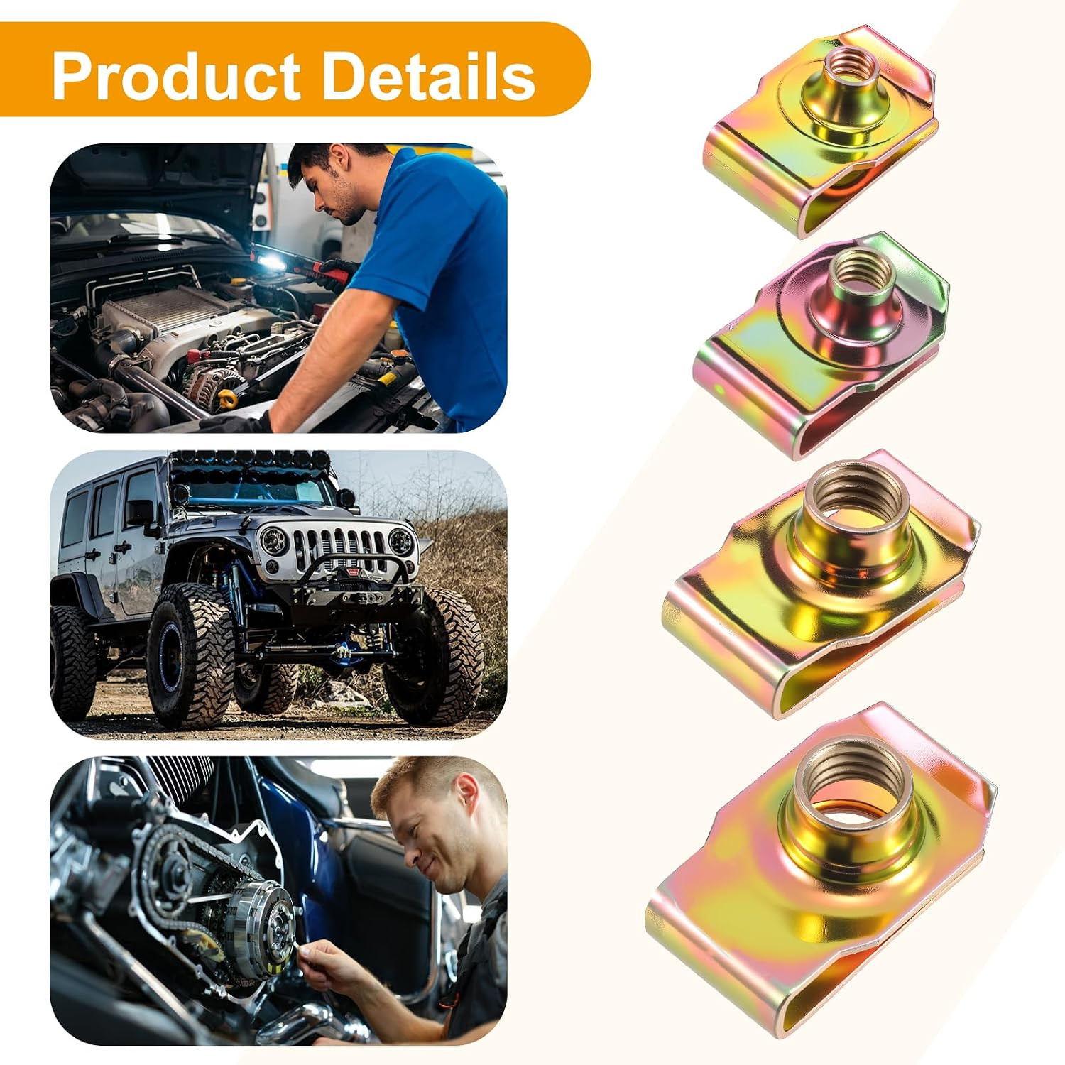 100 PCS U-Clip Nut Set for Auto Car – M4 M5 M6 M8 Assortment Kit (25 Each), Colo