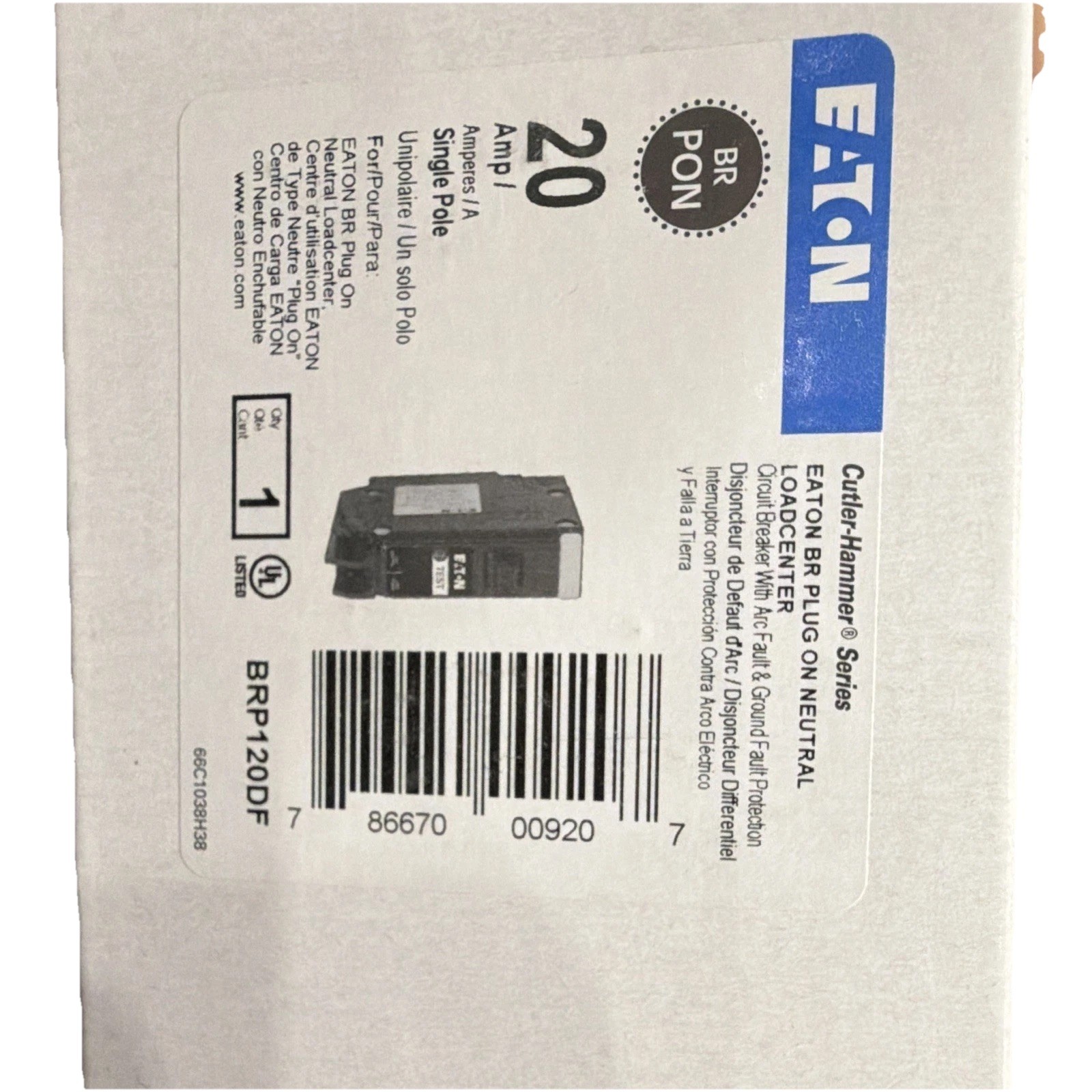 Eaton BRP120DF 20A 1-Pole 120VAC Dual Function AFCI/GFCI Breaker