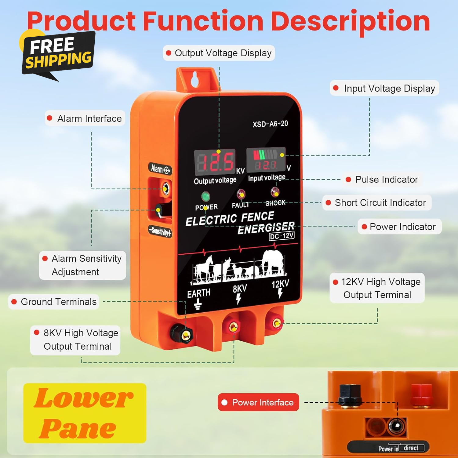 5.5J Electric Fence Charger Energizer, 5.5 Joules 10 Miles, AC DC 2 in 1 Powered