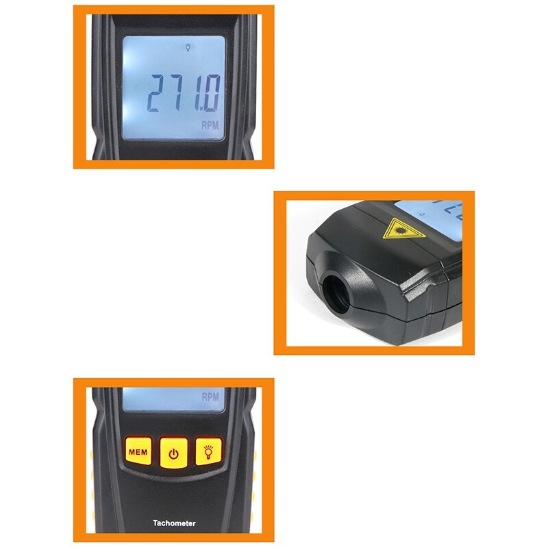 Digital Laser Tachometer Auto Range RPM Tach Meter Non-Contact LCD Backlit Gauge