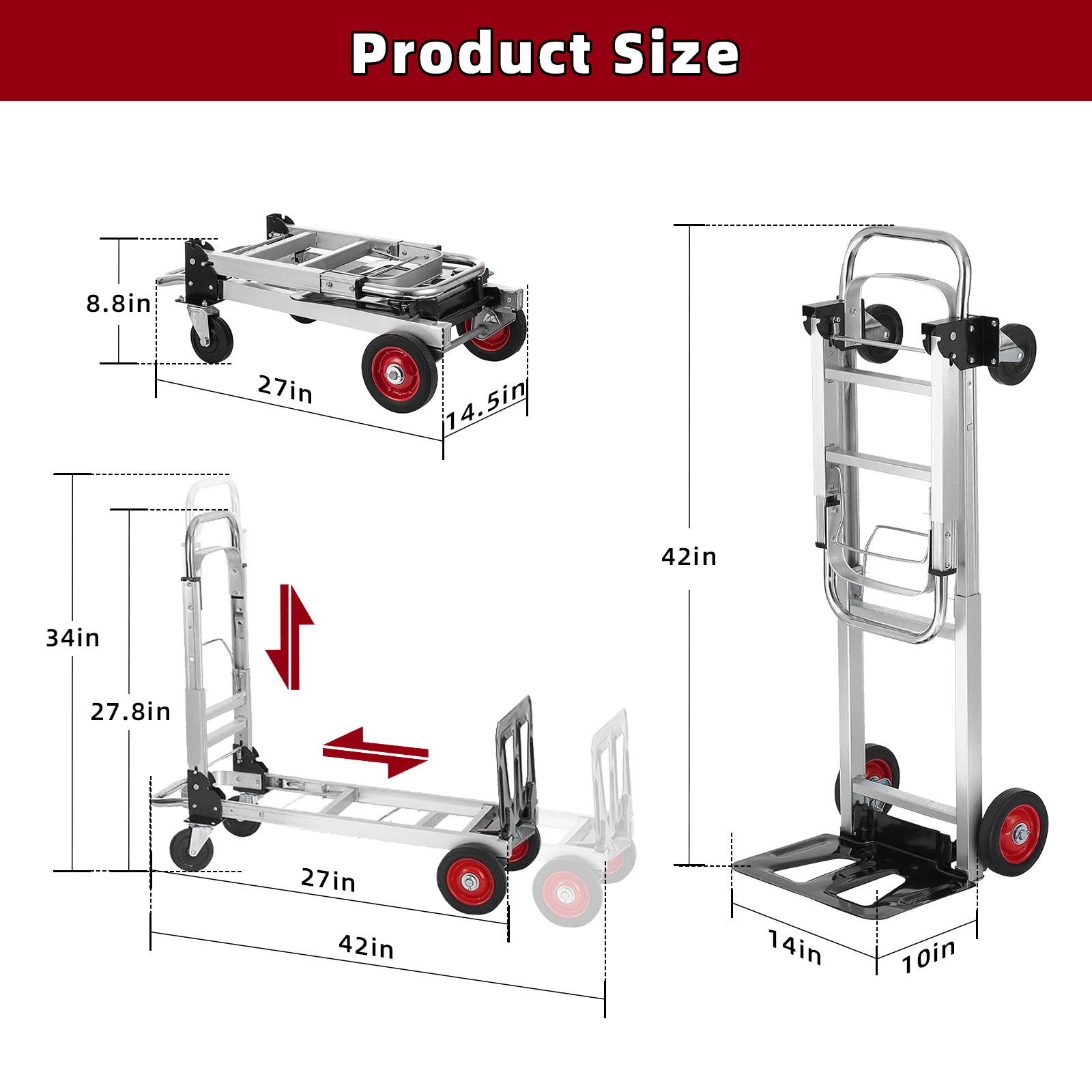Aluminum Hand Truck 3 in 1 Folding Dolly Cart 400 lbs Capacity Heavy Duty