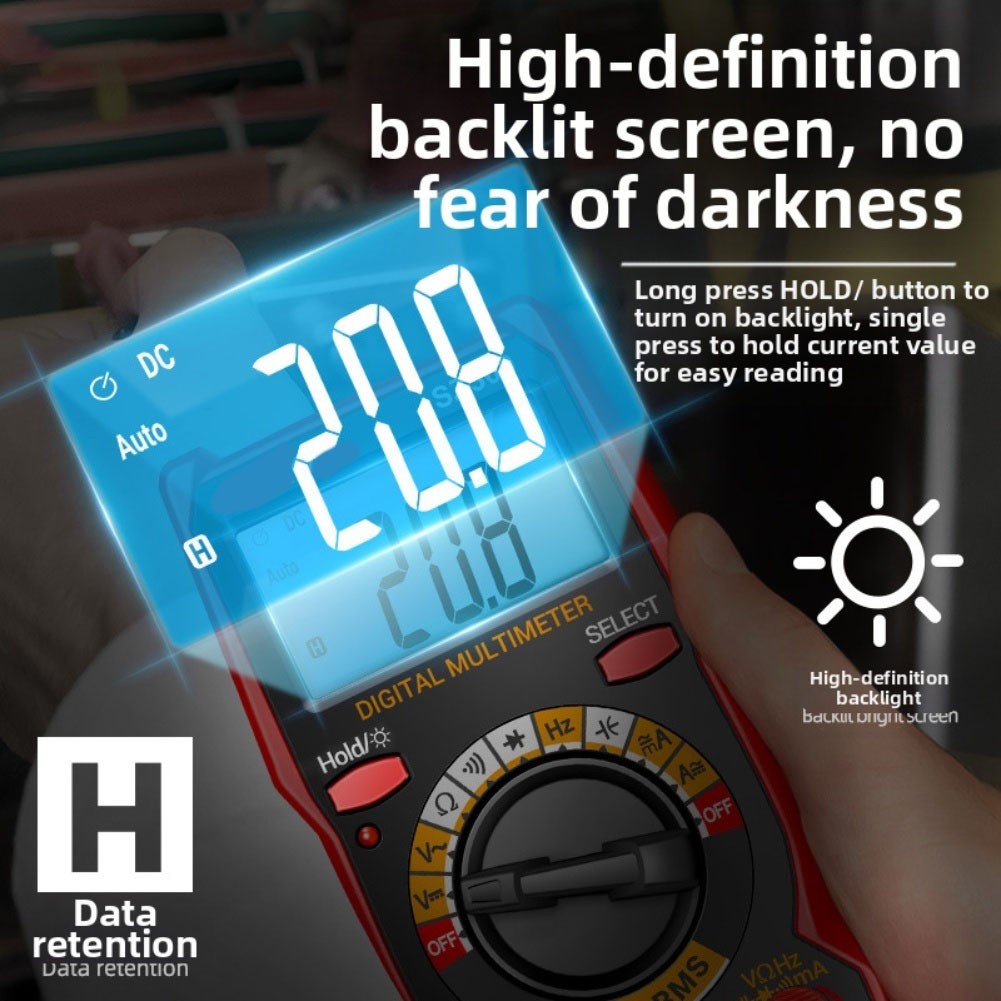 Digital Multimeter with Backlight and Auto Power Off for AC DC Voltage Current