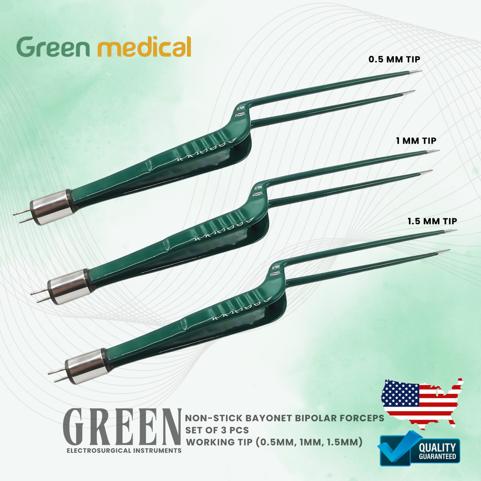 SET OF 3 Non-Stick Bipolar Forceps Us Connector 2 pin, 22cm TIP 0.5mm,1MM,1.5MM