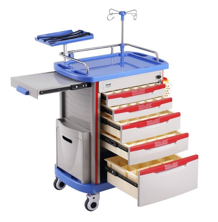 VEVOR 5 Tier Lab Cart – Mobile Medical Cart with 5 Drawers, IV Pole, Back Board