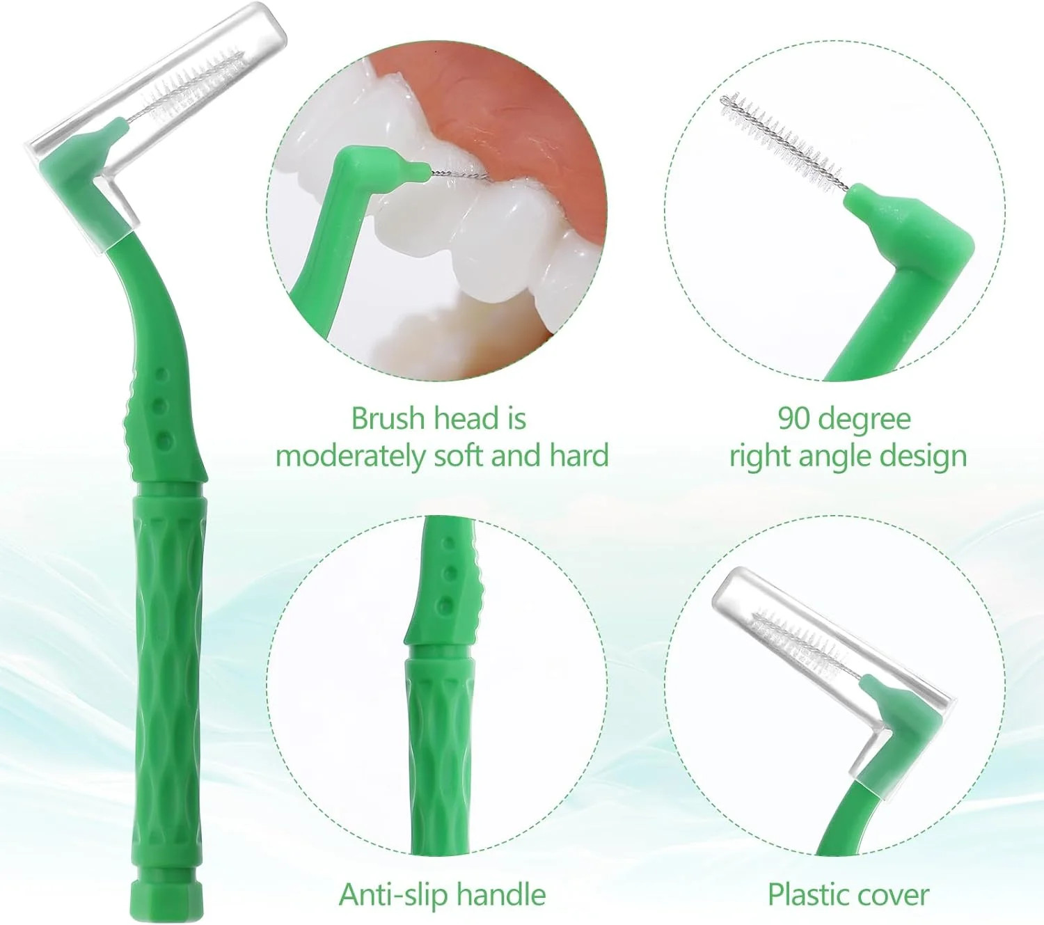 50pcs Interdental Brushes, Green Soft Dental Brushes with Non-Slip Handle Angled