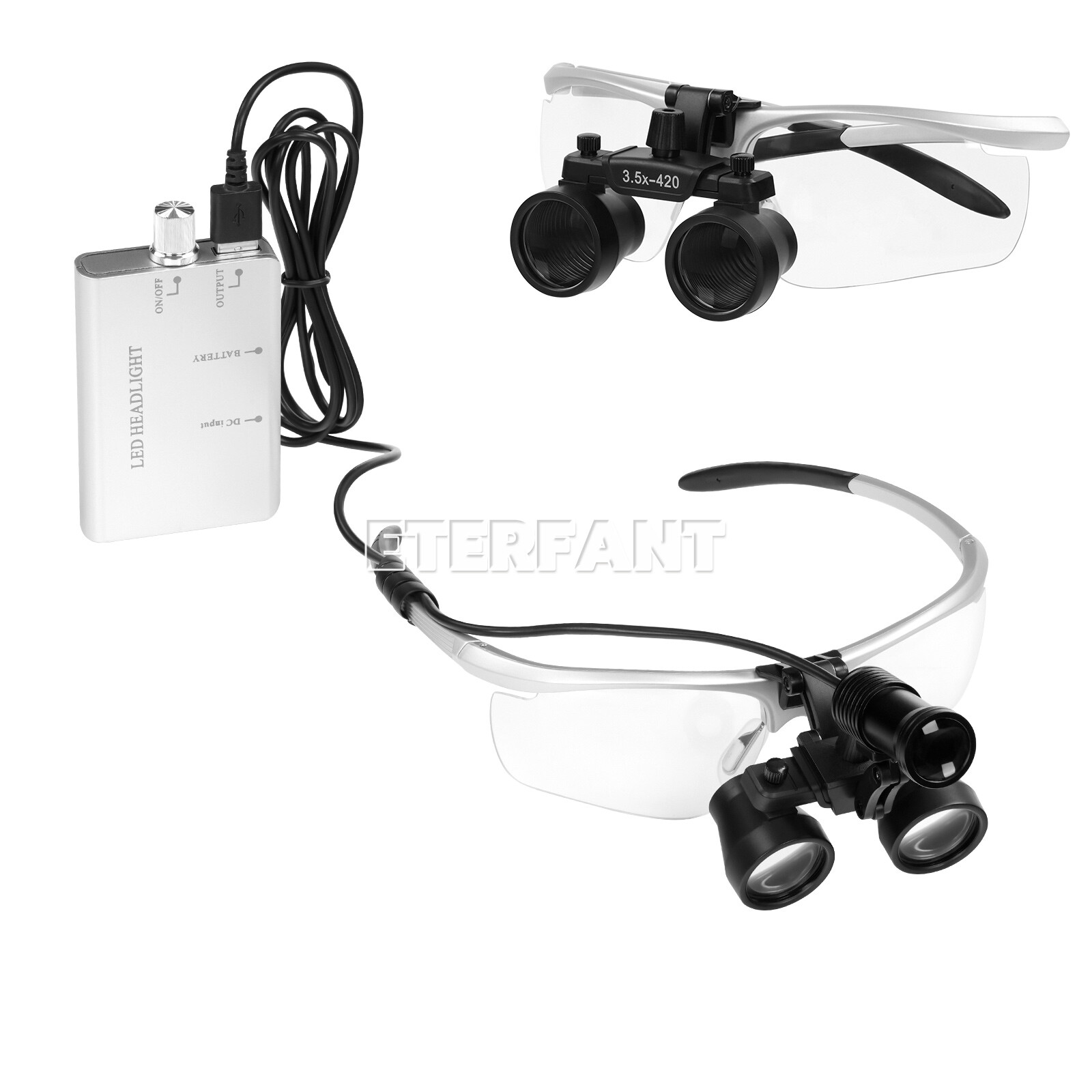 ETERFANT Dental 3.5X HD Binocular Magnifier Loupes Silver+5W LED Head Light Lamp