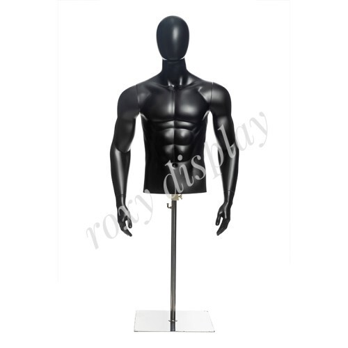 Adult Male Matte Black Plastic Mannequin Torso Egg Head with Base
